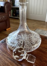 Heavy Crystal Cut Glass Ships Decanter. Beautiful Vintage Glassware with Stopper