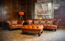 TETRAD OSKAR CHESTERFIELD TAN LEATHER SUITE 3 SEATER SOFA CLUB CHAIR & FOOTSTOOL