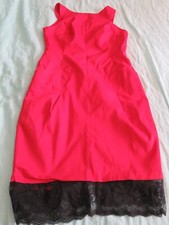 OASIS PRETTY TOMATO RED SHAPED SHIFT POCKET SUMMER DRESS UK 12 BLACK LACE BORDER