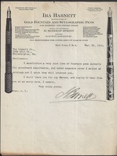 NEW YORK ~ IRA BARNETT, GOLD FOUNTAIN & STYLOGRAPHIC PENS, ILLUS LETTERHEAD 1916