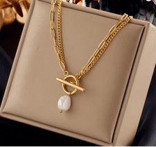 18K Gold plated Zara necklace with pearl toggle T bar chain pendant sale price