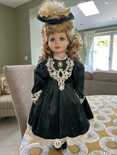 Porcelain Collector Doll 22 Inch Taiwan Green Velvet Lace Dress Hat Brooch Stand