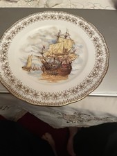 ANTIQUE PLATE WITH SAILING SHIP ANTIQUE GAINSBOROUGH BONE CHINA 10.5"
