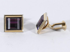 Vintage 1980s Gold Tone Square Purple Glass Cufflinks Geometric Men's Dress Gift