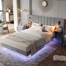 4ft6 Double Bed Frame with Wide Headboard with LED Lights and Night Tables, Grey