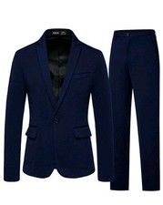 Men's Solid Royal Navy Simple Daily Long Sleeve Suit With Long Pants Medium M 