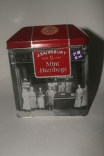 SAINSBURY's MINT HUMBUGS 140 YRS  EMPTY TIN 14 X 12 X 8 CM VINTAGE B/W IMAGE