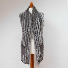 Genuine Rabbit Fur Knit Gilet Grey Sleeveless Pockets Soft and Warm