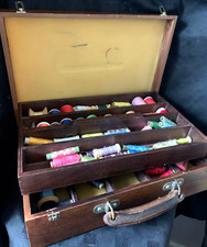 Edwardian Mahogany Sewing Thread Box with Tray Insert inc 80+ Threads