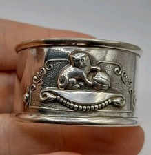 1986 Vintage Solid 925 Silver Napkin Ring - Kitten With String Ball - Baby Gift 