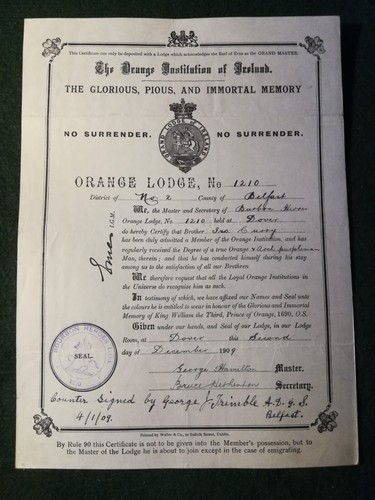 1909 orange lodge certificate - 1909,