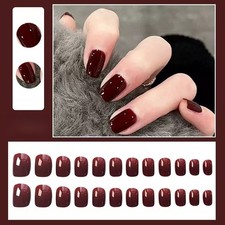 Press on Nails Deep Red Burgundy Short Square Round Cat Eye With Glue False Set