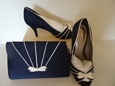 JACQUES VERT SHOES WITH CREAM TRIM  AND MATCHING BAG-NAVY  SIZE 7 -NEW
