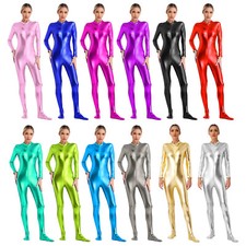 Women Shiny Metallic Unitard Long Sleeve Catsuit Jumpsuit Performance Dancewear