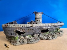 Aquarium Ornament Shipwreck on Rock Airstone Fish Tank Decoration Ship Boat Sub