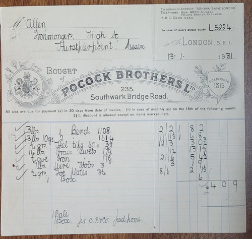 1931 pocock bros invoice - 1931,