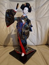 VTG Japanese Hand Painted Geisha Doll in Ornate Silk  Kimono  On Stand