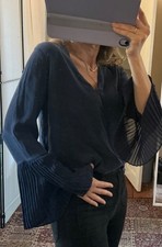 Massimo Dutti Silk Top Navy Silk V-Neck Blouse Pleat Sleeve Top size 42 UK 12