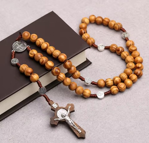 10mm wood beads rosary cross - wood,