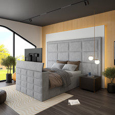 TV Bed Frame – Luxury Upholstered Velvet Finish with Gas Lift Ottoman Storage