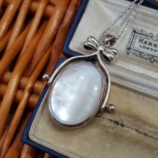 Vintage 925 Sterling Silver Necklace, Mother Of Pearl And Onyx Fob Pendant, 1995