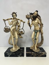 Vintage Pair of Depose Italy Marble Base Fishman & Girl Sculpture Figurines