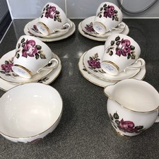 49*.VINTAGE ‘SALISBURY’ TEA SET. 4 TRIOS & MILK JUG, SUGAR BOWL ROSES