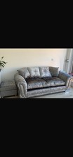 Crushed Velvet Grey 3 Seater Sofa And Pouffe