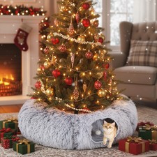 PawHut Donut Play Tunnel Bed with Washable Cushion and Toy Ball, Light Grey