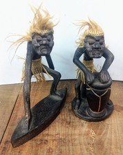 2 Vtg Hand Carved Wood & Jute