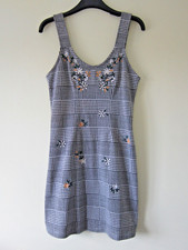 TOPSHOP SIZE 10 DRESS EMBROIDERED BLACK CHECK FLORAL PINAFORE SHIFT GINGHAM