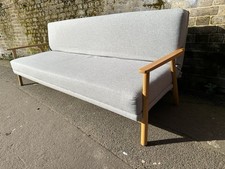 Vintage Retro Mid Century Modern Sofa Daybed Sofa Bed Wooden Arms Grey Fabric