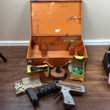 Retro Spit Matic Vintage Nail Gun with Case, Nails & Nozzle – 1960s Manual Tool