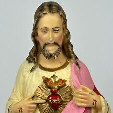 Vintage French Religious Sacred Heart Of Jesus Coloured Plaster Statue Figure