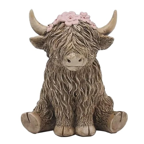 Highland cow with pink - highland, flowers