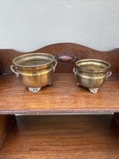 Vintage Ornate Pair Of Brass Plant Flower Pots Decorative Ornate Handles & Feet