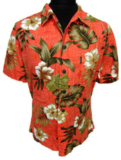 Palmwave Hawaii Short Sleeve Orange Floral Cotton Hawaiian Bowling Shirt  Medium