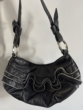 Pascali Italian Designer Black Leather Handbag with Zipper and Frill Detail