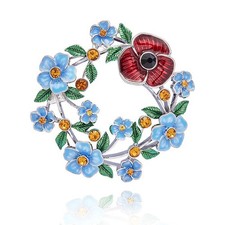 Hand Painted Forget Me Not and Poppies Pretty Circle Brooch from Equilibrium