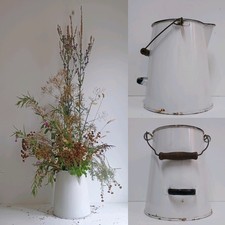 Vintage Large Enamel Jug Pitcher Shabby Chic Cottage Core White Wooden Handle