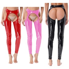 Women Shiny PVC Leather Cut Out Leggings Wet Look Suspender Long Pants Lingerie