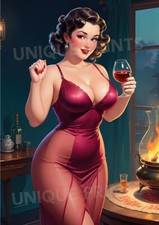 Seductive Vintage Lady Red Negligee  with Wine - Retro Elegance Art Print