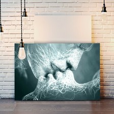 DUCK EGG BLUE BLACK AND WHITE LOVERS KISS CANVAS WALL ART ARTWORK PRINT