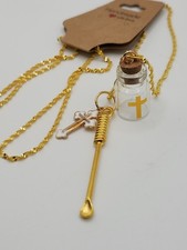 Secret Mini Stash Snuff Spoon Neckalce Vintage Style Gold Enamel Cross Hidden 