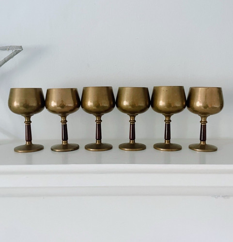 Brass wooden vintage goblets - brass,