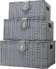 Set of 3 Resin Woven Wicker Storage Basket Box with Lid & Lock, Grey, Large, Med
