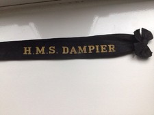 VINTAGE HMS DAMPIER ROYAL NAVY UNIFORM HAT NAME TALLY TIED IN A BOW NAVAL  SHIP