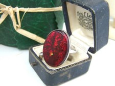 GORGEOUS VINTAGE MODERNIST SOLID STERLING SILVER RED FOIL OPAL RING SIZE S 9