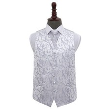 DQT Woven Floral Silver Mens Wedding Waistcoat & Tie Set S-5XL