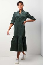 Wyse Isobel Sage Green Corduroy Midi Ruffle Dress Size 4 UK 14